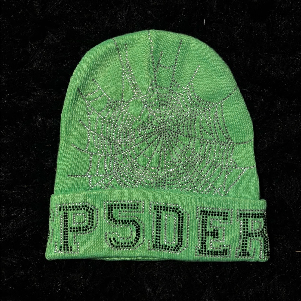Green Spider Web Beanie with Rhinestone Design